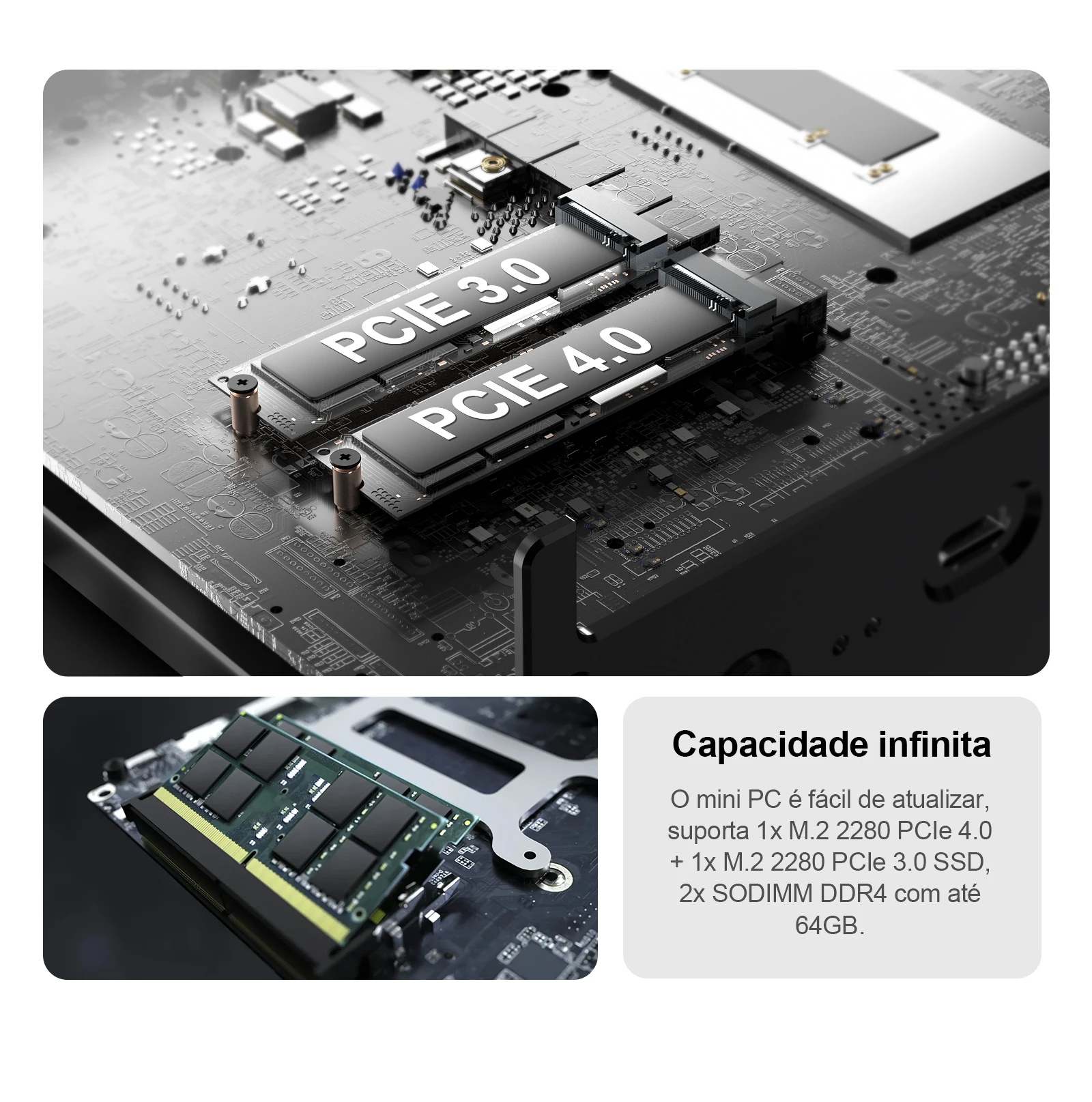 O Chatreey IT12-F suporta SSDs de canal duplo com PCIE3.0 e PCIE4.0, suporta dois módulos de memória DDR4 e pode acomodar até 64 GB, atendendo às necessidades de armazenamento.