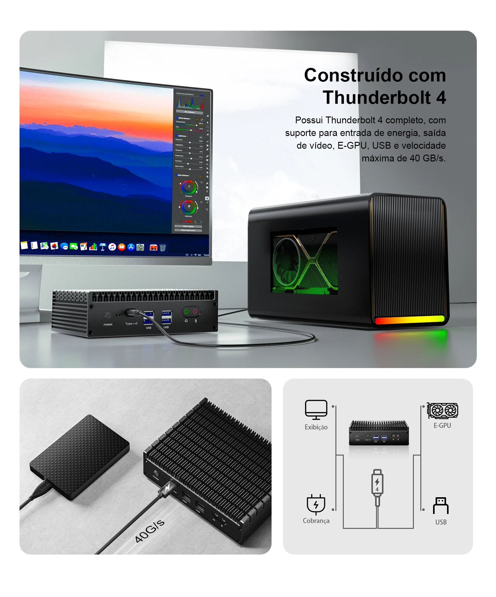 O Chatreey IT12-F está equipado com uma interface Thunderbolt 4 totalmente funcional, permitindo a conexão de placas de vídeo externas. Ele suporta monitores externos (displays de alta resolução), docks, SSDs externos, carregamento e outras funções.