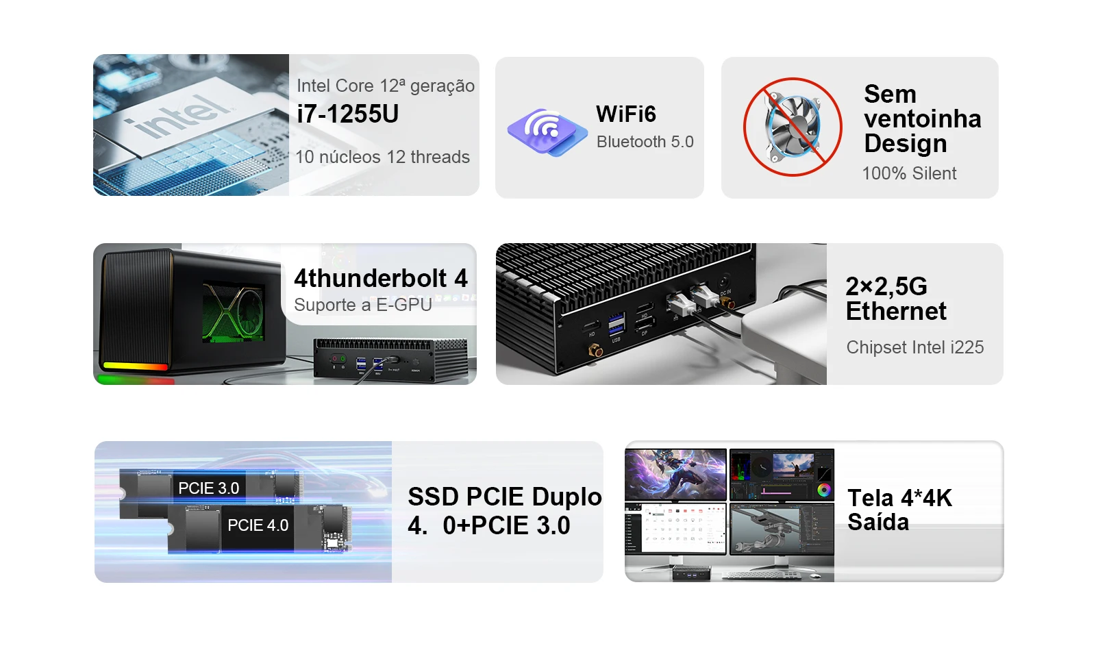 O Mini PC Chatreey IT12-F está equipado com um Intel Core i7 1235U de 12ª geração com 10 núcleos e 12 threads, atingindo até 4,4 GHz. Possui WiFi 6 e Bluetooth 5.0. O design sem ventoinha proporciona uma operação 100% silenciosa. Inclui uma porta Thunderbolt 4 e duas portas Ethernet de 2,5G, suportando SSDs PCIe 4.0 e PCIe 3.0, com capacidades de exibição de 4 telas em 4K, tornando-o altamente funcional.