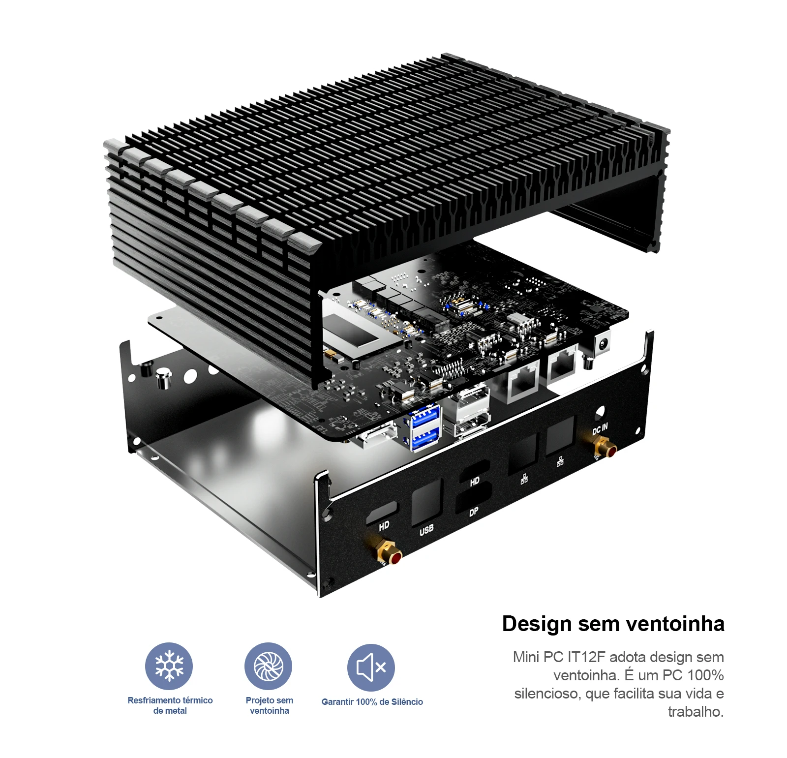 O Mini PC Chatreey IT12-F apresenta um design sem ventoinha para 100% de silêncio. Melhor dissipação de calor para uma operação mais silenciosa.