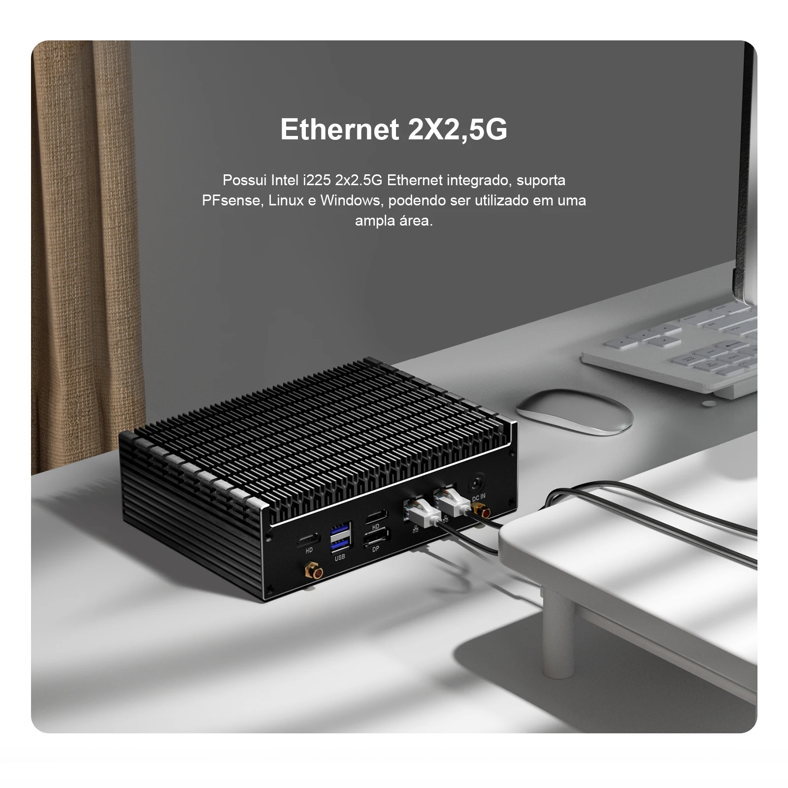 O Mini PC Chatreey IT12-F vem com duas portas de rede de 2,5G, suporta redes de 1G e 100 Mbps, com compatibilidade, adequado para ambientes de rede mista.