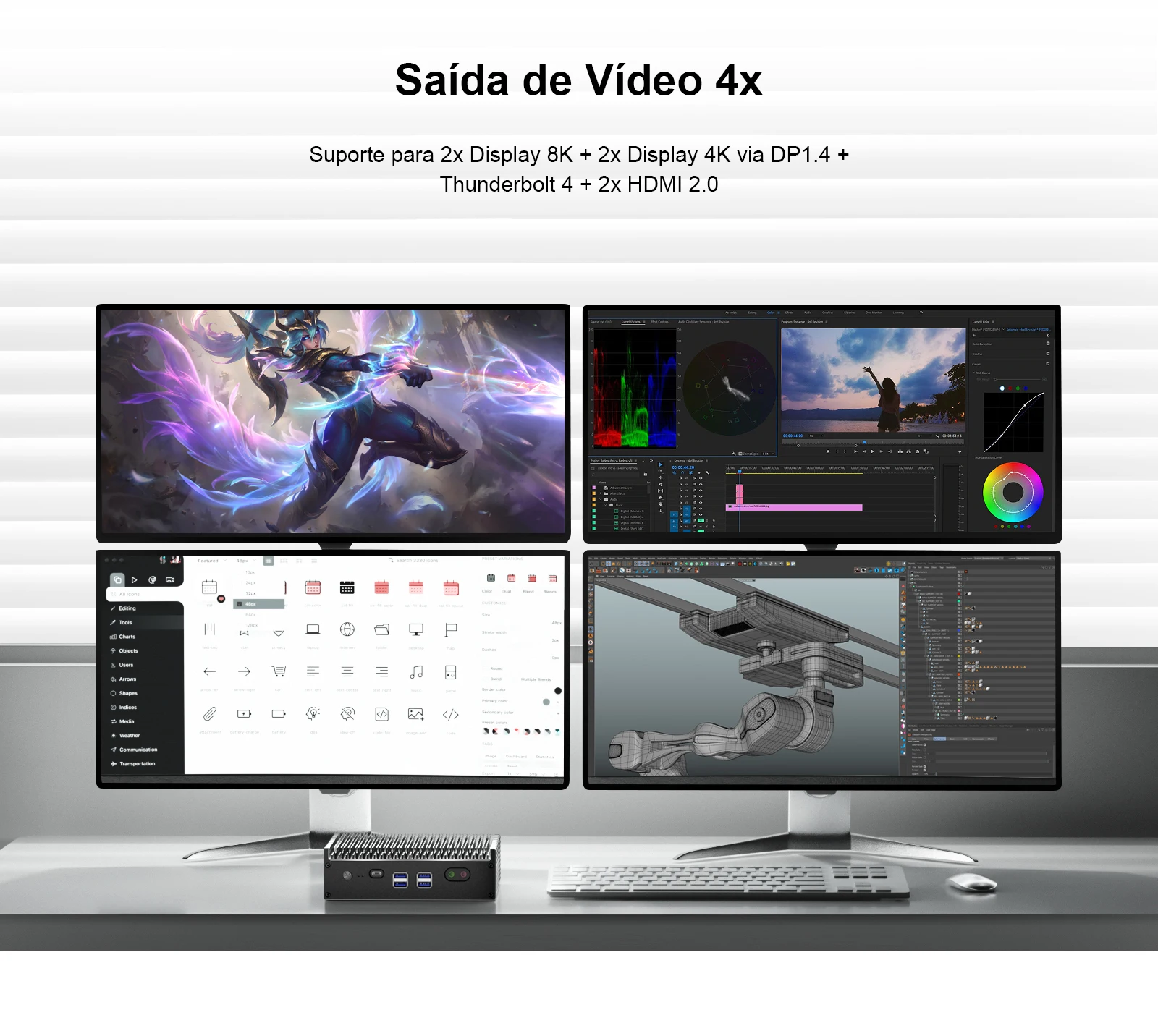 O Chatreey IT12-F está equipado com uma porta DP, Thunderbolt 4 e duas portas HDMI, suportando exibição em 4 telas para aumentar a eficiência do trabalho.